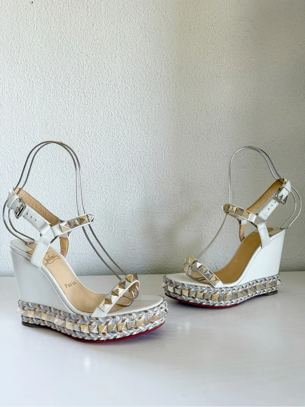 Christian Louboutin Pyraclou Latte White Studded Wedge Sandals Size EU 38